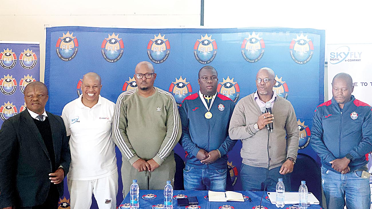 PLE Chairman Polycarp Dlamini (2nd R) officially launches the PLE Charity Cup alongside CEO Pat Vilakati, Skyfly MD Musa Dlamini and PLE Executive members Sandile Zwane, Sithembiso Mamba and Sibusiso Nxumalo. (Pic: Sanele Jele)